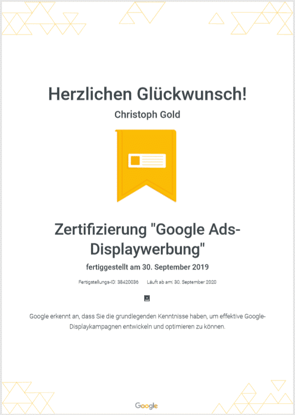 Certification Christoph Gold, from"internetguides" for Google Display Ads