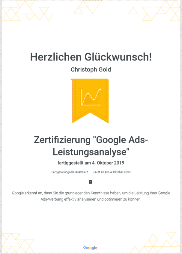 Certification Christoph Gold, from"internetguides" for Google Ads Analysis Achievemnts