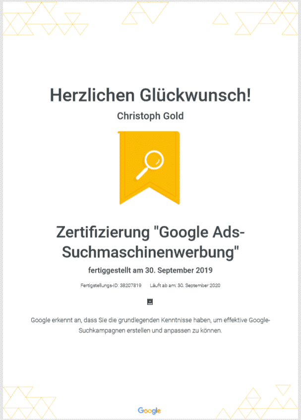 Google-Zertifizierungen Christoph Gold, from"internetguides" for Google Search Engine Ads