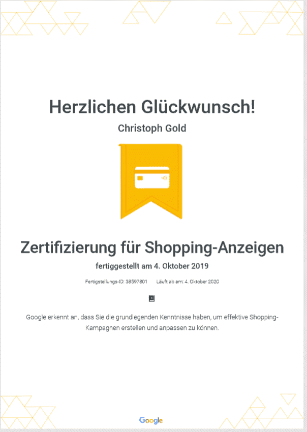 Google-Zertifizierungen Christoph Gold, from"internetguides" for Google Shopping Ads