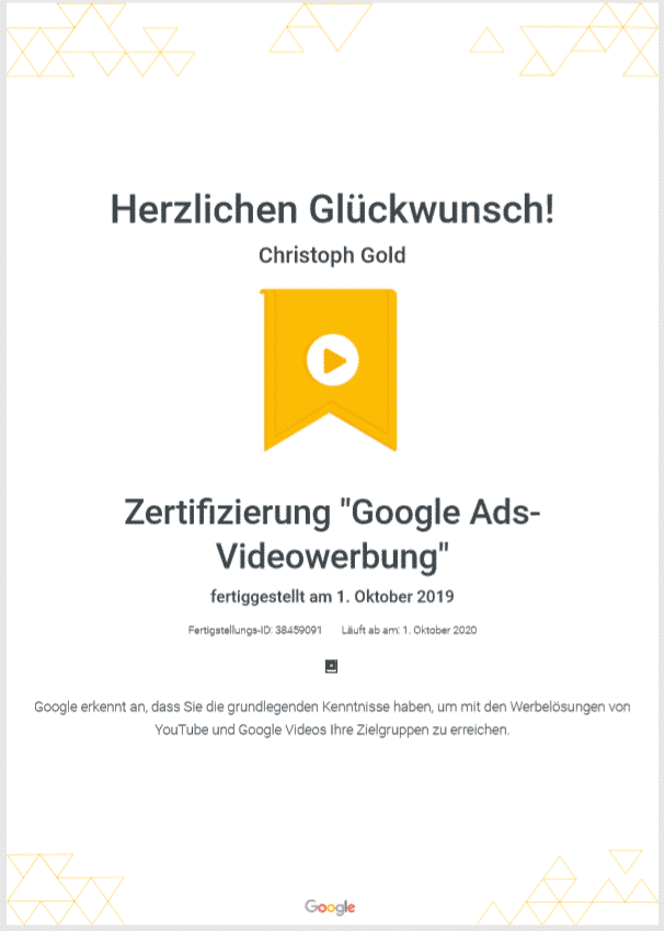 Certification Christoph Gold, from"internetguides" for Google Video Ads