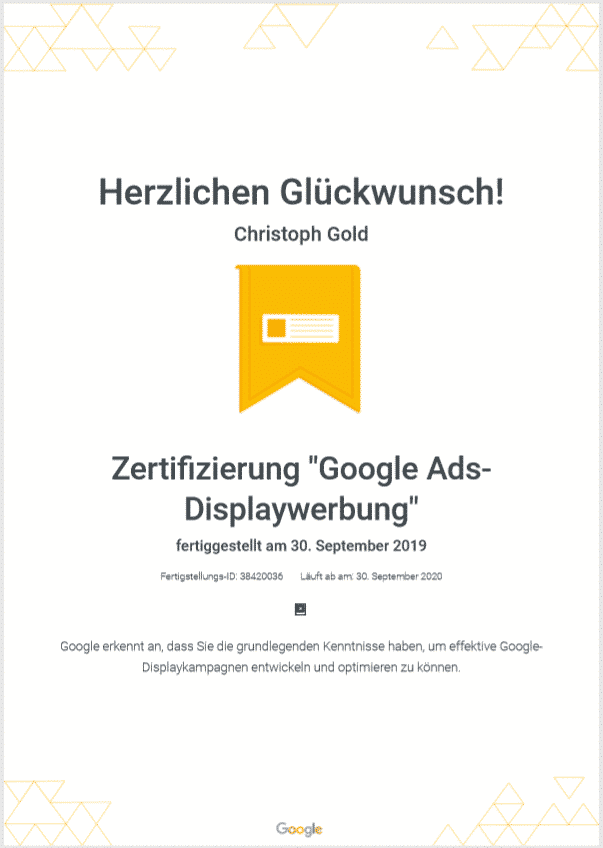 Certification Christoph Gold, from"internetguides" for Google Display Ads