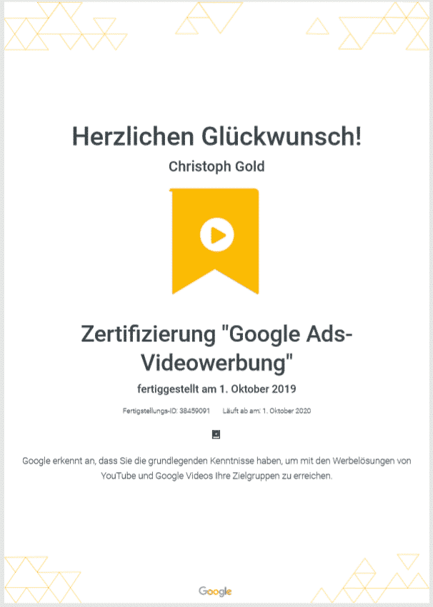 Certification Christoph Gold, from"internetguides" for Google Video Ads